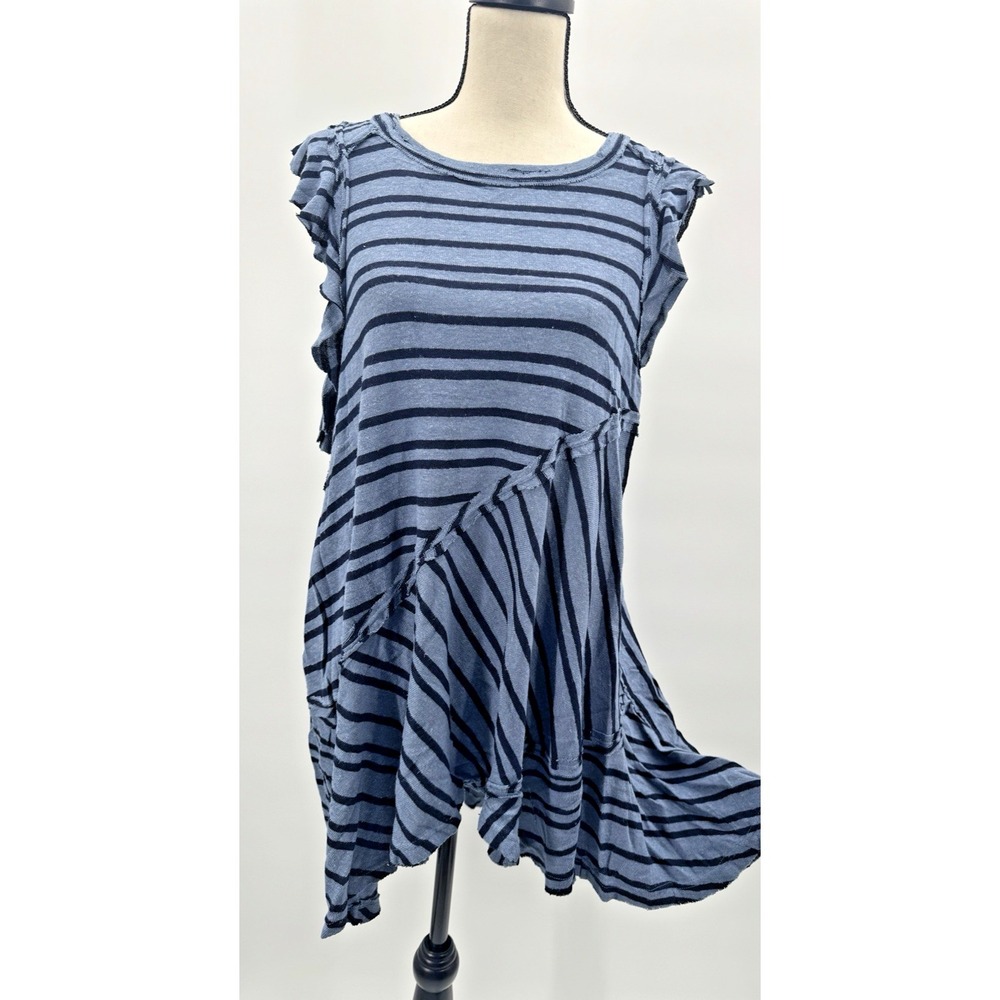 Free People Striped Linen Tunic Dress Small Deep Sea Indie Boho Fairy Grunge Blu